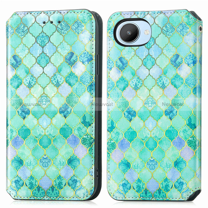 Leather Case Stands Fashionable Pattern Flip Cover Holder S02D for Realme C30 Green