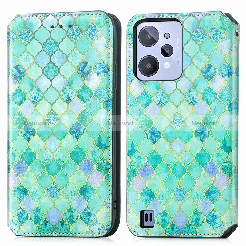 Leather Case Stands Fashionable Pattern Flip Cover Holder S02D for Realme C31 Green