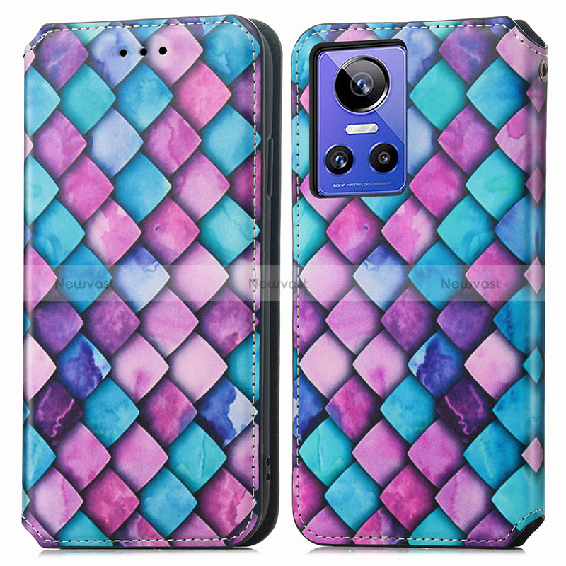 Leather Case Stands Fashionable Pattern Flip Cover Holder S02D for Realme GT Neo3 5G Purple