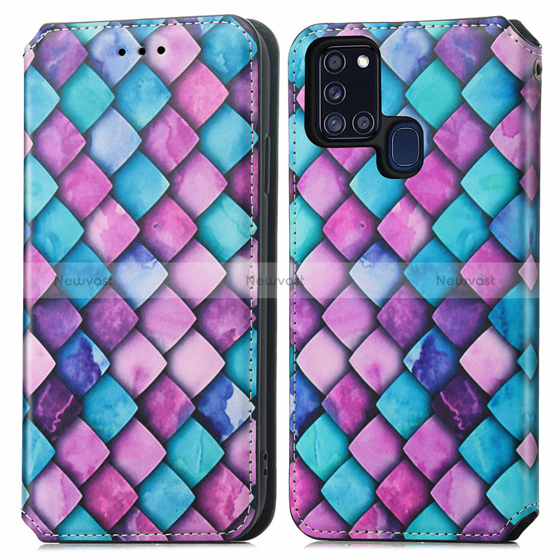 Leather Case Stands Fashionable Pattern Flip Cover Holder S02D for Samsung Galaxy A21s Purple