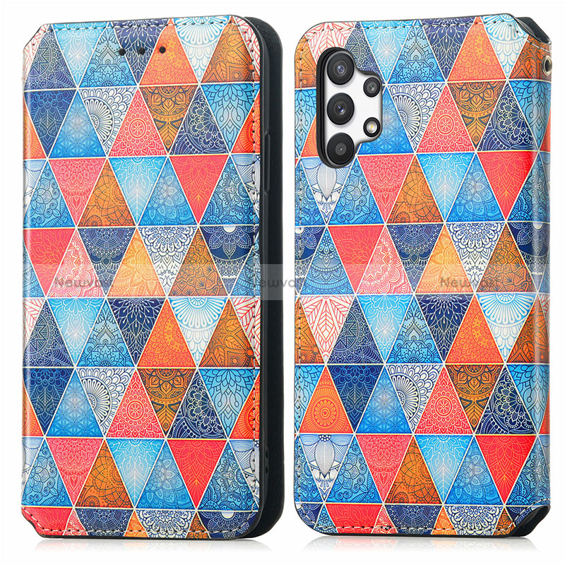 Leather Case Stands Fashionable Pattern Flip Cover Holder S02D for Samsung Galaxy A32 5G Brown