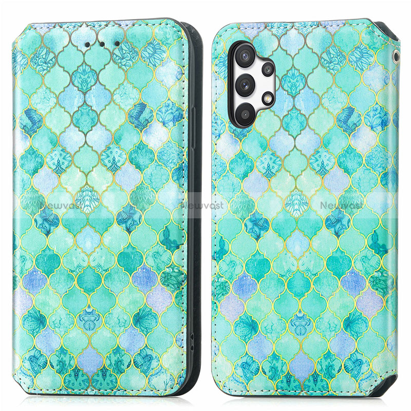 Leather Case Stands Fashionable Pattern Flip Cover Holder S02D for Samsung Galaxy A32 5G Green