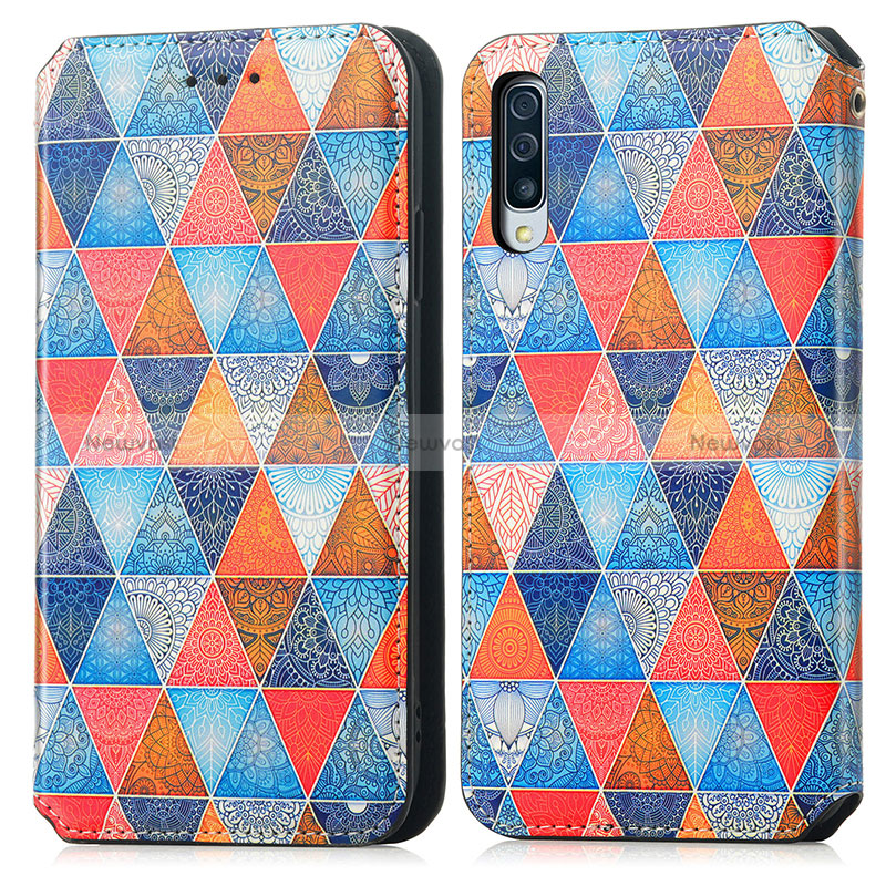 Leather Case Stands Fashionable Pattern Flip Cover Holder S02D for Samsung Galaxy A50S Brown