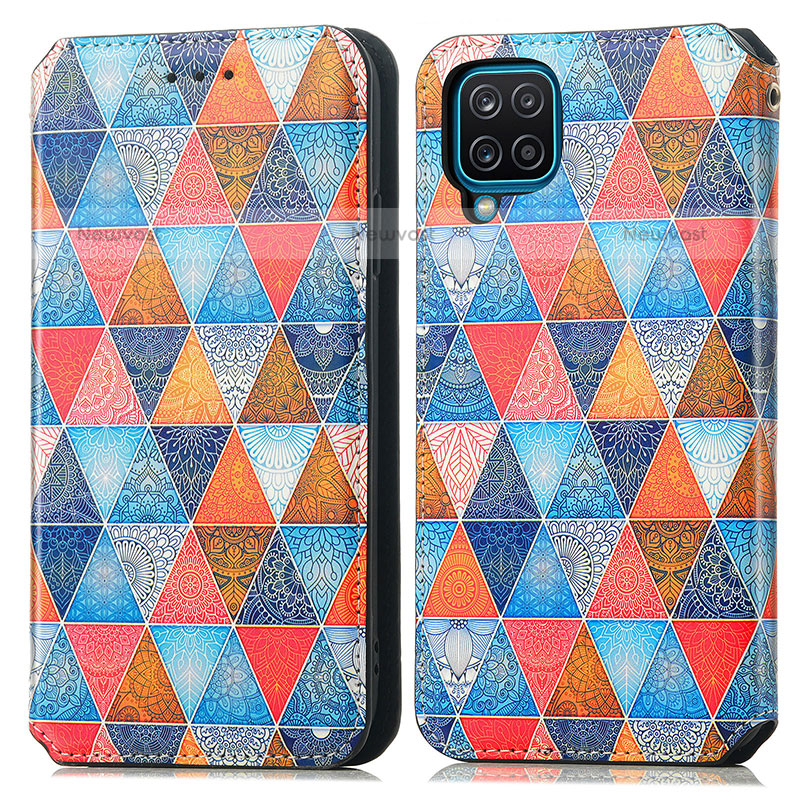 Leather Case Stands Fashionable Pattern Flip Cover Holder S02D for Samsung Galaxy F12 Brown