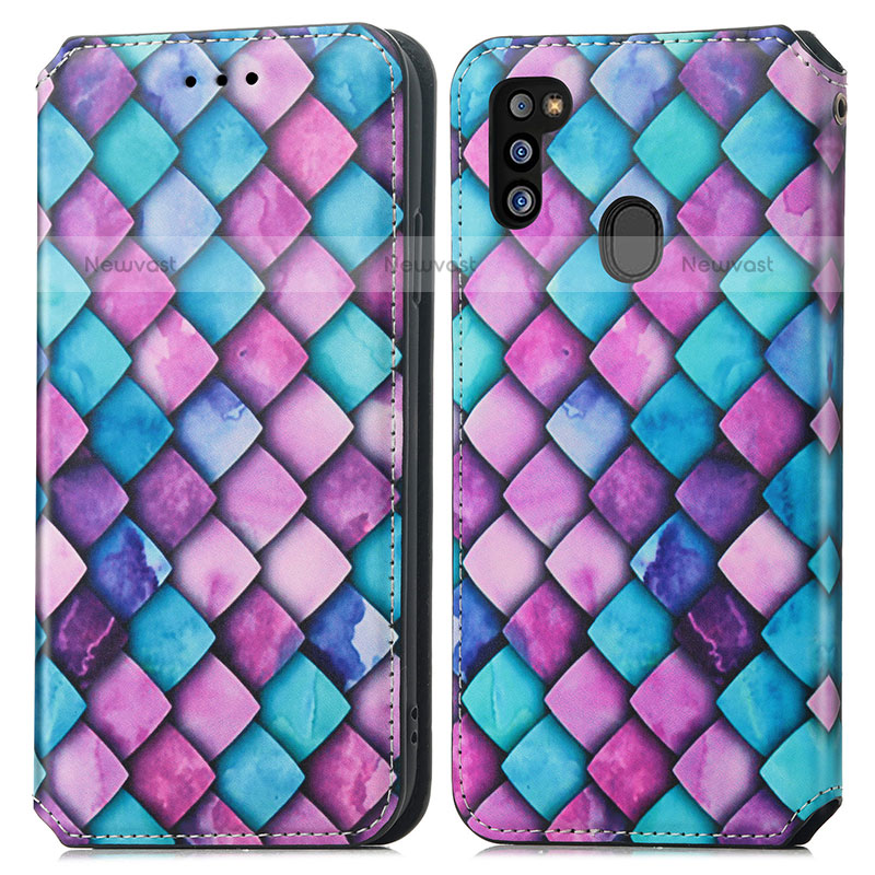 Leather Case Stands Fashionable Pattern Flip Cover Holder S02D for Samsung Galaxy M21 Purple