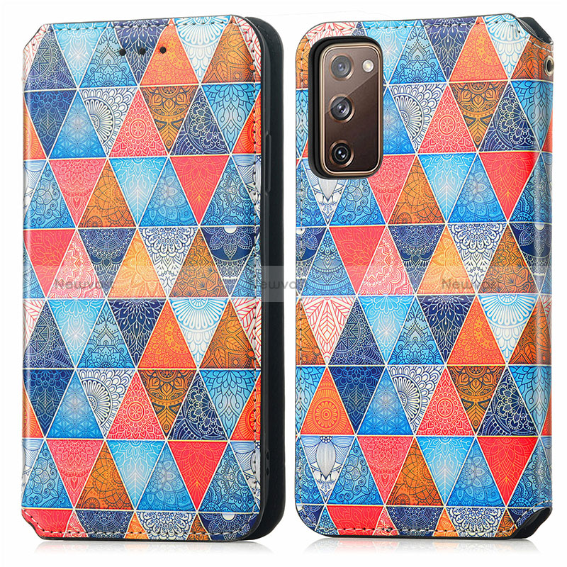 Leather Case Stands Fashionable Pattern Flip Cover Holder S02D for Samsung Galaxy S20 FE (2022) 5G Brown