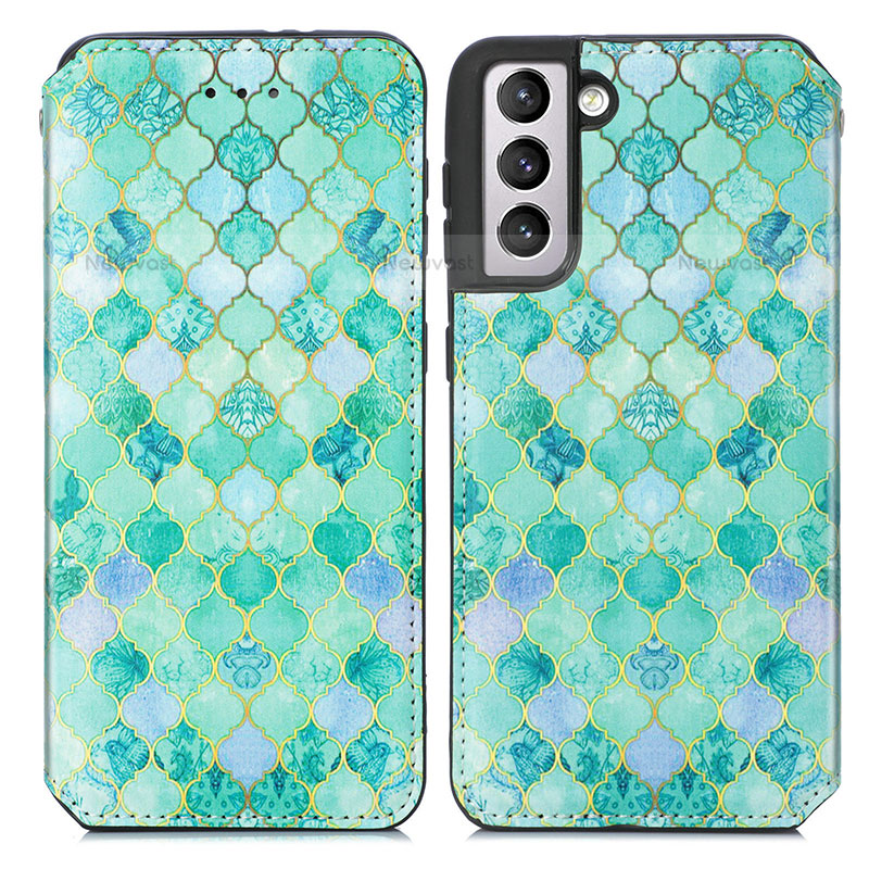 Leather Case Stands Fashionable Pattern Flip Cover Holder S02D for Samsung Galaxy S21 FE 5G Green