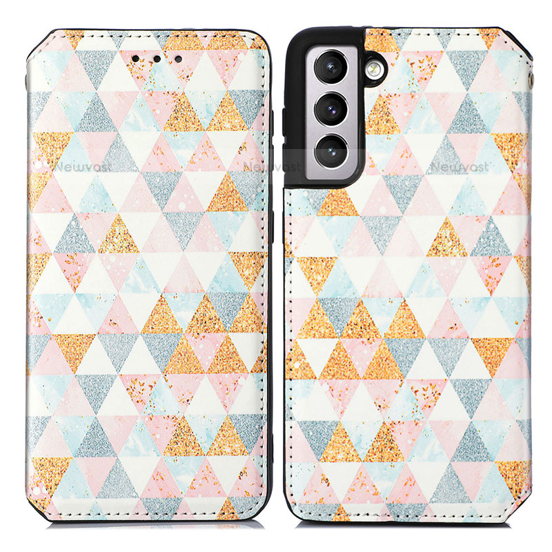 Leather Case Stands Fashionable Pattern Flip Cover Holder S02D for Samsung Galaxy S21 FE 5G White