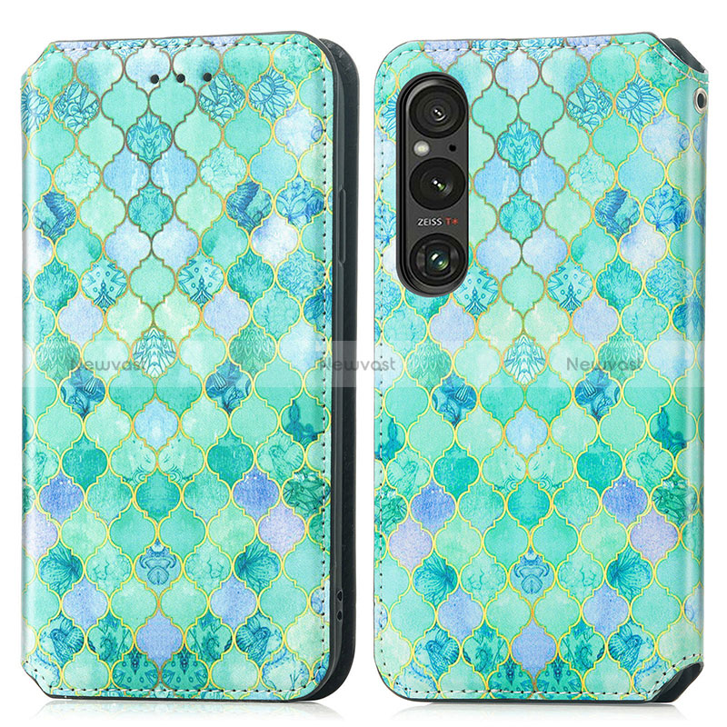 Leather Case Stands Fashionable Pattern Flip Cover Holder S02D for Sony Xperia 1 V Green