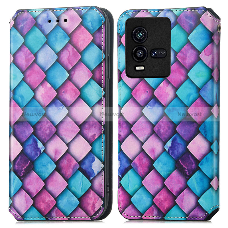 Leather Case Stands Fashionable Pattern Flip Cover Holder S02D for Vivo iQOO 9T 5G Purple