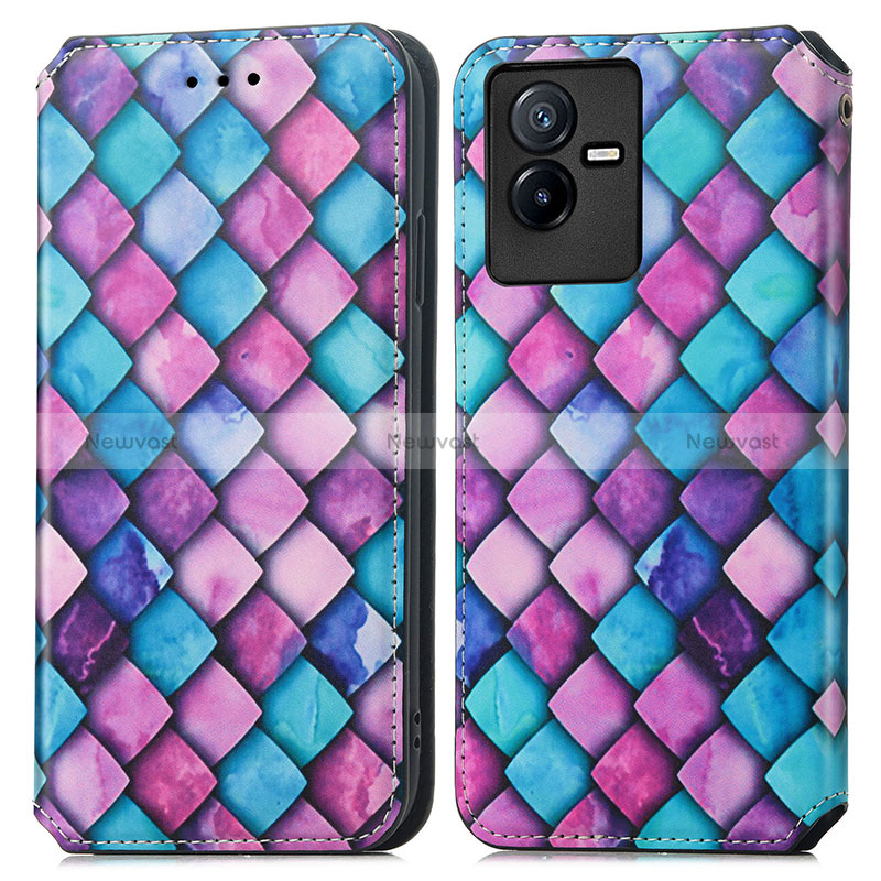 Leather Case Stands Fashionable Pattern Flip Cover Holder S02D for Vivo iQOO Z6x Purple