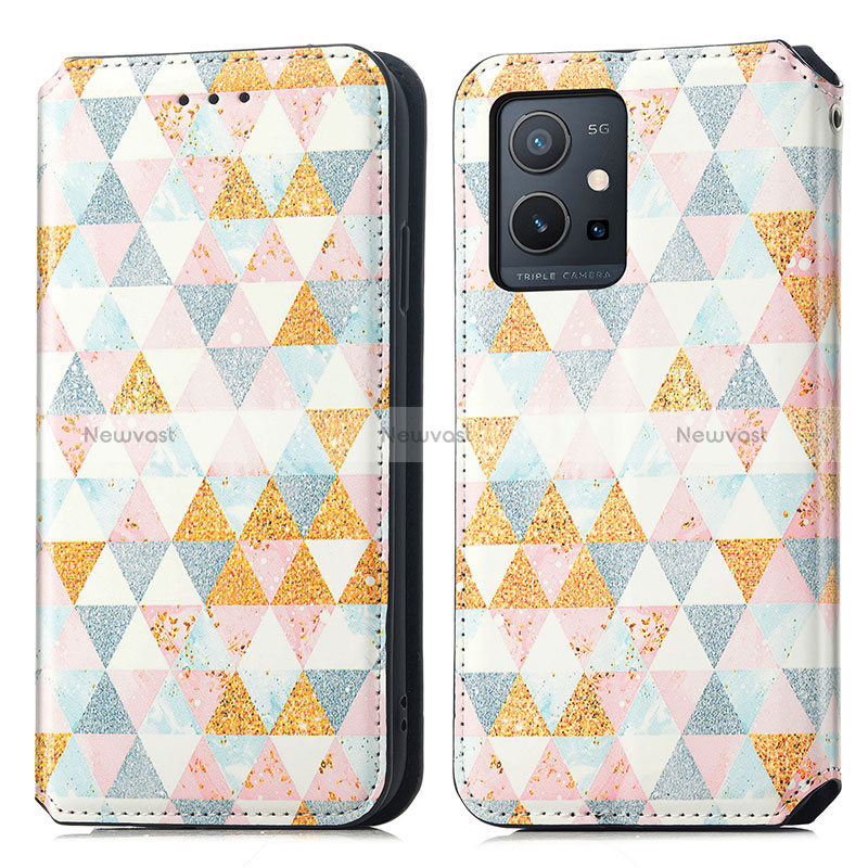 Leather Case Stands Fashionable Pattern Flip Cover Holder S02D for Vivo T1 5G India White