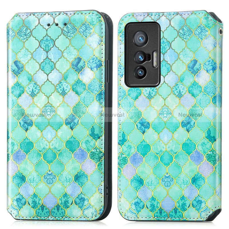 Leather Case Stands Fashionable Pattern Flip Cover Holder S02D for Vivo X70 5G Green