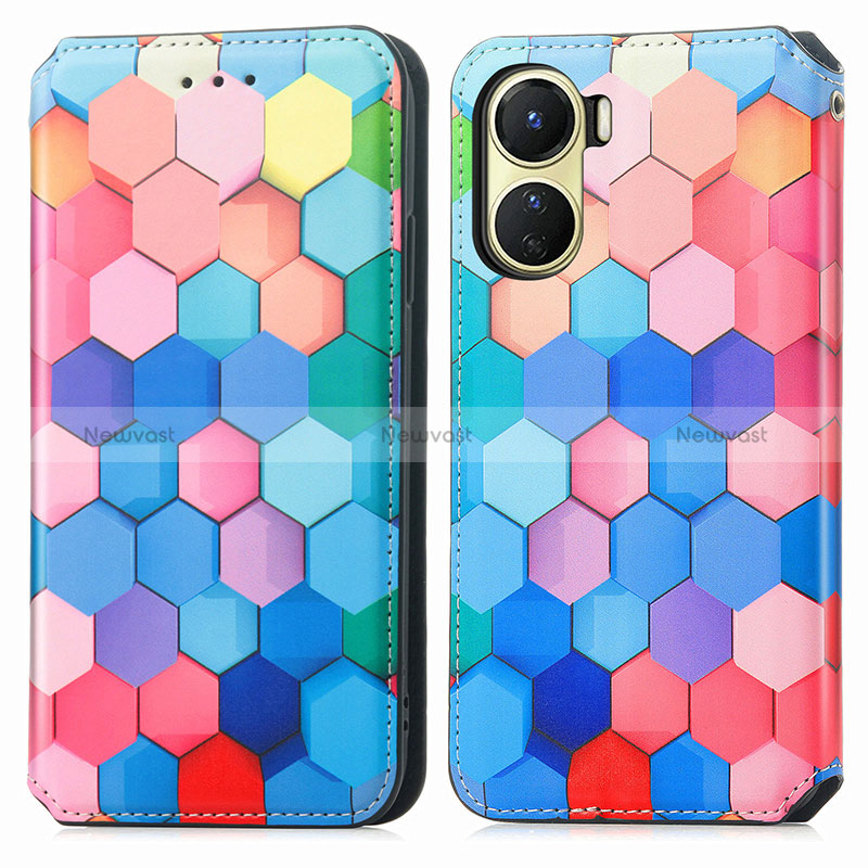 Leather Case Stands Fashionable Pattern Flip Cover Holder S02D for Vivo Y02S Colorful