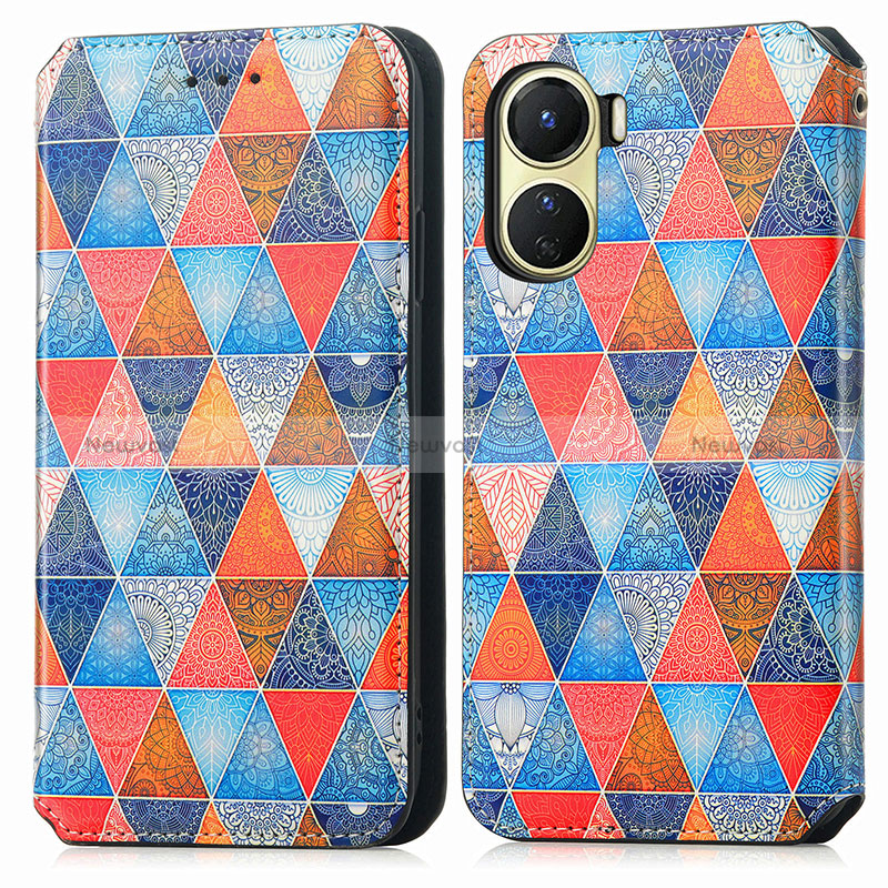 Leather Case Stands Fashionable Pattern Flip Cover Holder S02D for Vivo Y16 Brown