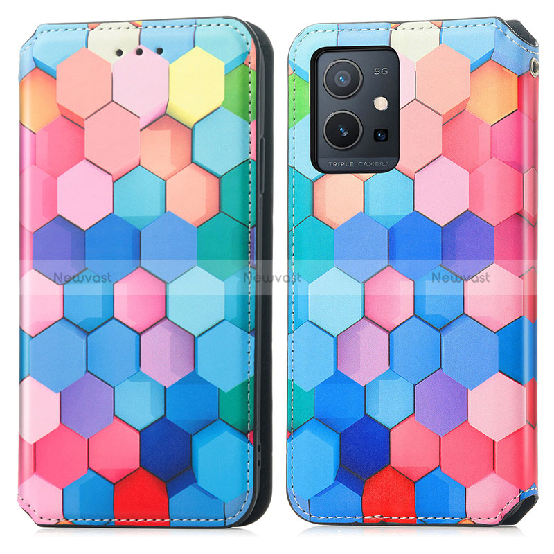 Leather Case Stands Fashionable Pattern Flip Cover Holder S02D for Vivo Y33e 5G Colorful