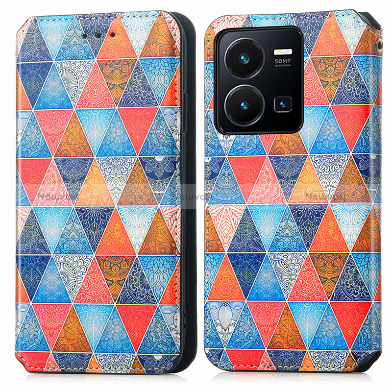 Leather Case Stands Fashionable Pattern Flip Cover Holder S02D for Vivo Y35 4G Brown