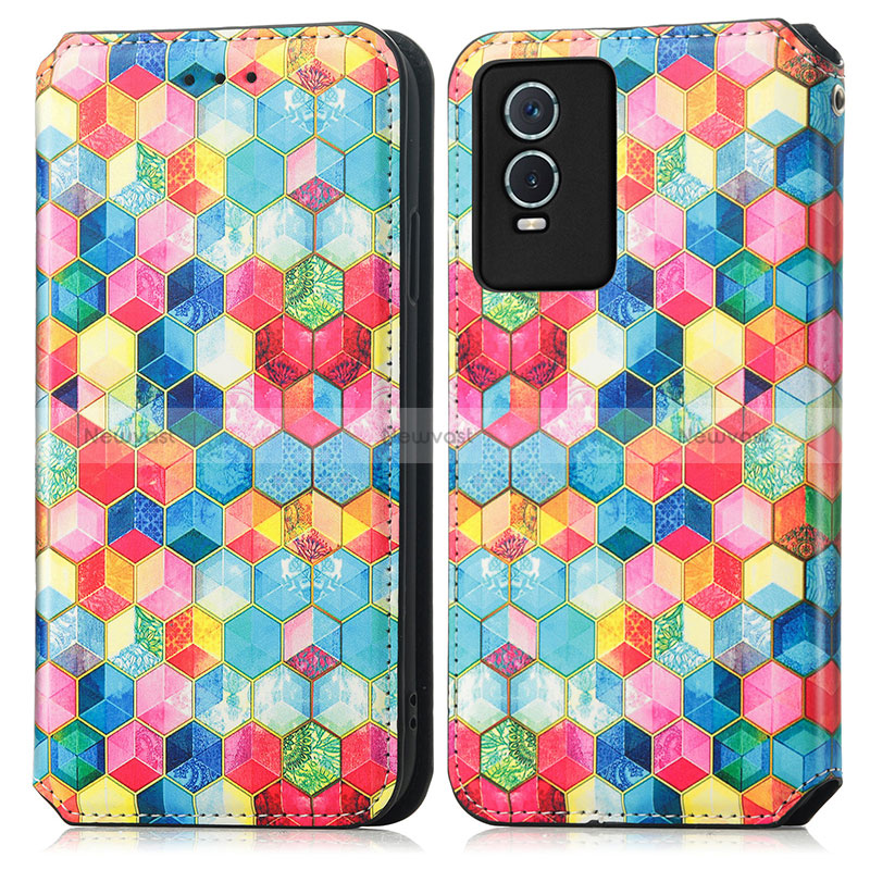 Leather Case Stands Fashionable Pattern Flip Cover Holder S02D for Vivo Y74s 5G