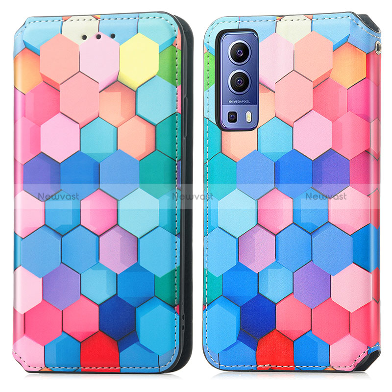 Leather Case Stands Fashionable Pattern Flip Cover Holder S02D for Vivo Y75s 5G Colorful