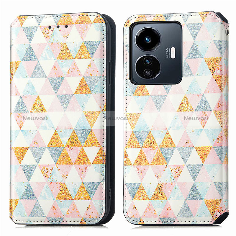 Leather Case Stands Fashionable Pattern Flip Cover Holder S02D for Vivo Y77e 5G White