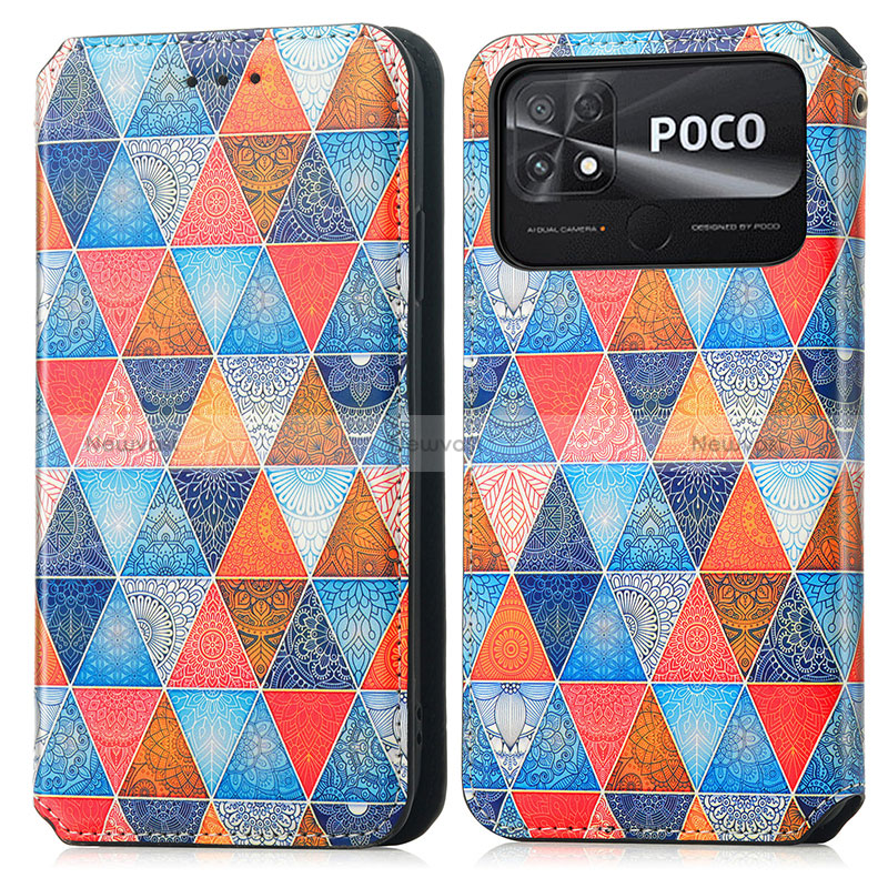 Leather Case Stands Fashionable Pattern Flip Cover Holder S02D for Xiaomi Poco C40 Brown