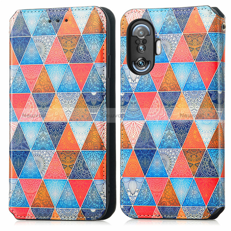 Leather Case Stands Fashionable Pattern Flip Cover Holder S02D for Xiaomi Poco F3 GT 5G Brown