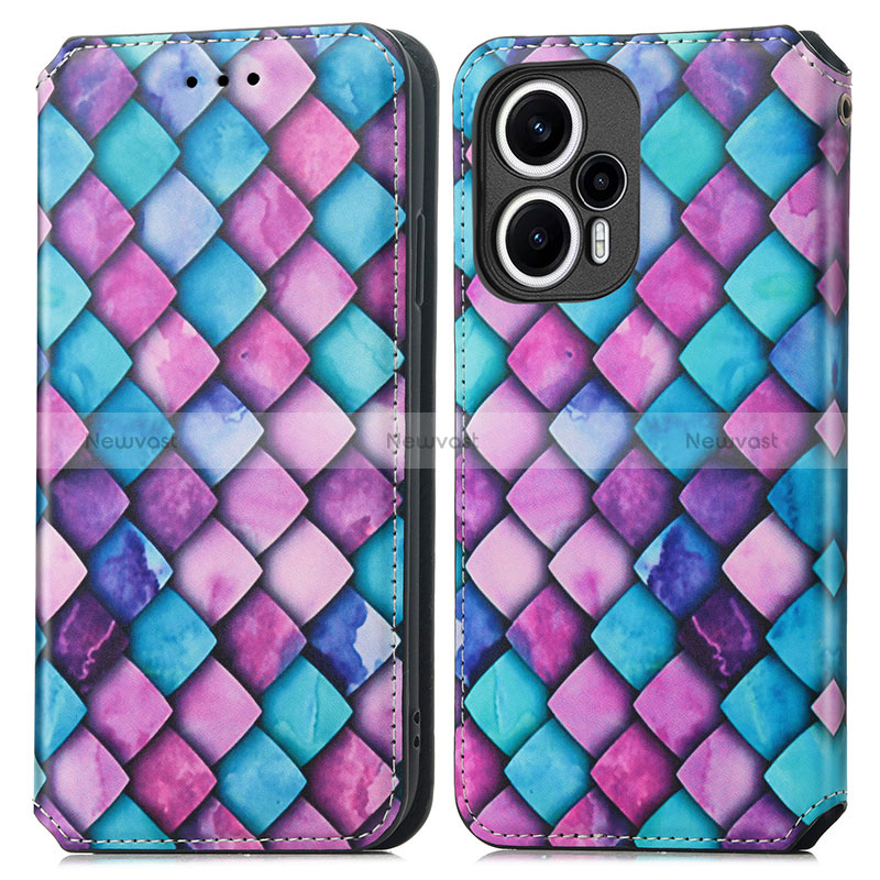 Leather Case Stands Fashionable Pattern Flip Cover Holder S02D for Xiaomi Poco F5 5G Purple