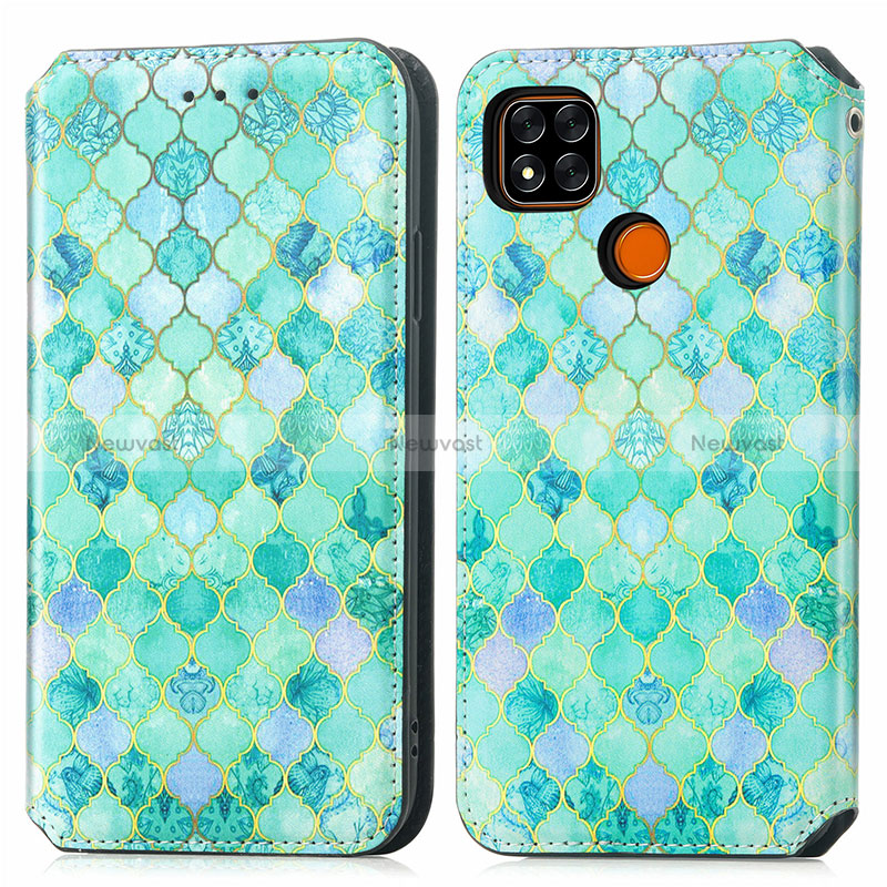 Leather Case Stands Fashionable Pattern Flip Cover Holder S02D for Xiaomi Redmi 9 India Green