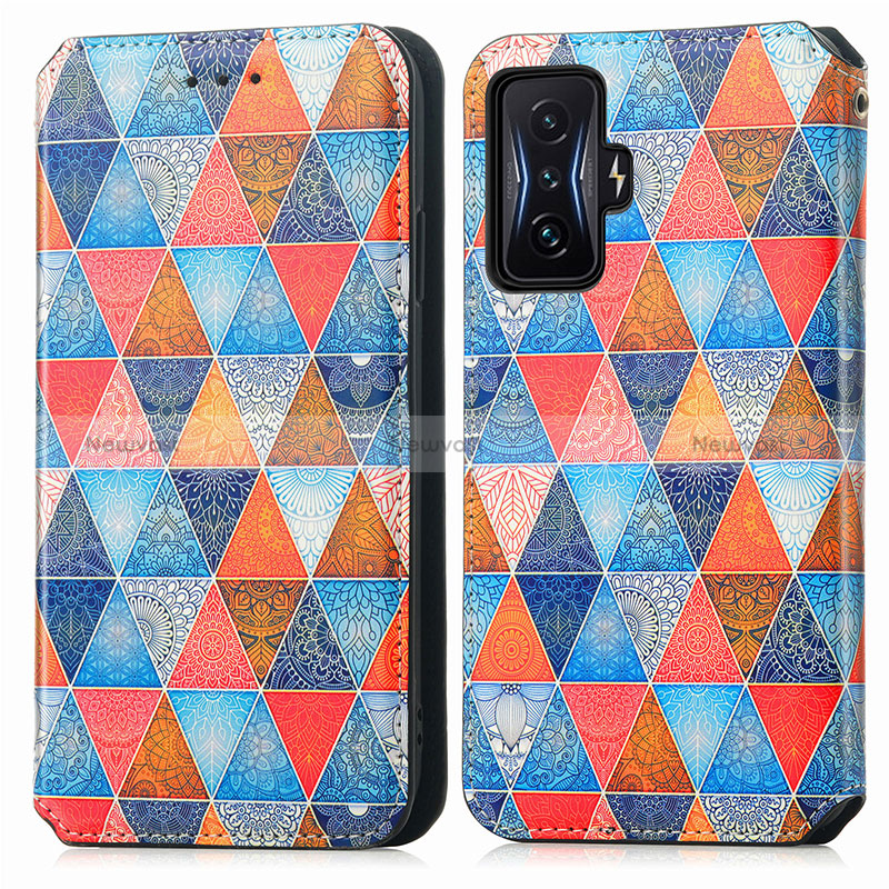 Leather Case Stands Fashionable Pattern Flip Cover Holder S02D for Xiaomi Redmi K50 Gaming AMG F1 5G Brown