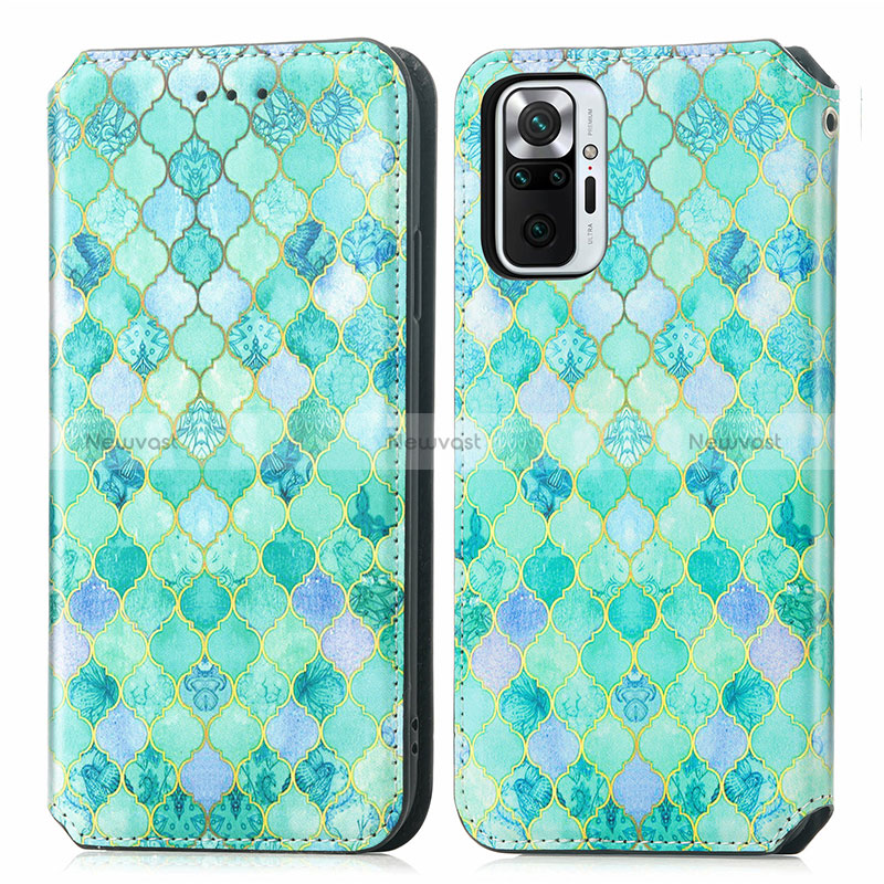 Leather Case Stands Fashionable Pattern Flip Cover Holder S02D for Xiaomi Redmi Note 10 Pro 4G Green