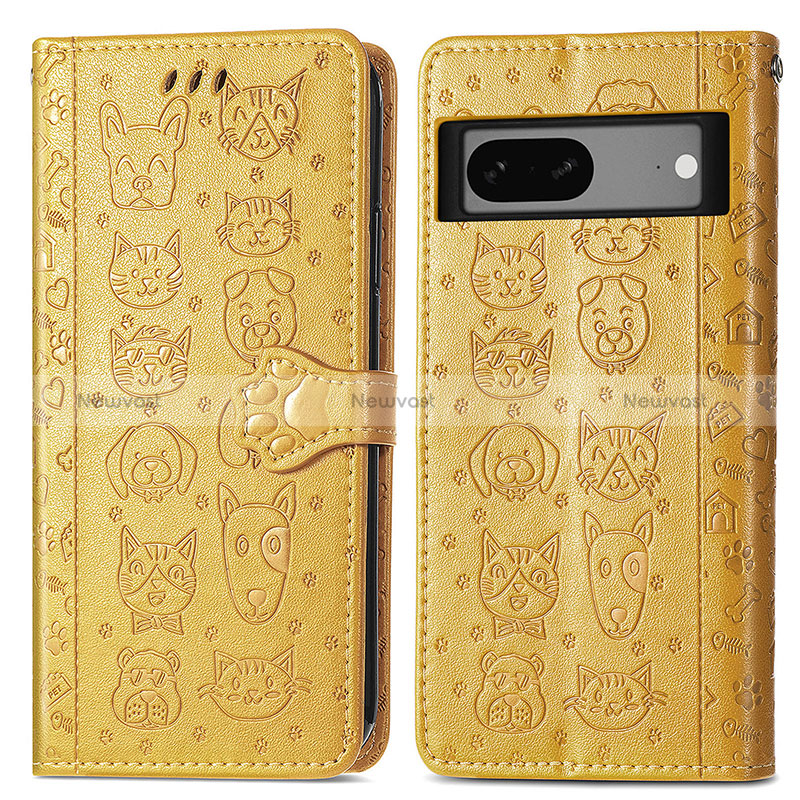 Leather Case Stands Fashionable Pattern Flip Cover Holder S03D for Google Pixel 7 5G Yellow