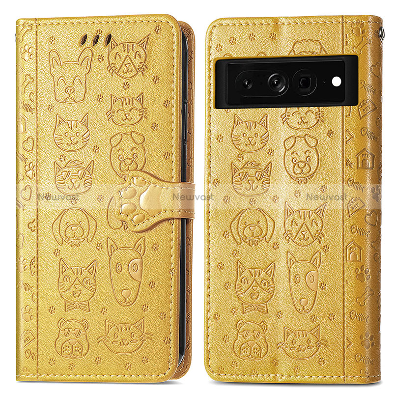 Leather Case Stands Fashionable Pattern Flip Cover Holder S03D for Google Pixel 7 Pro 5G Yellow