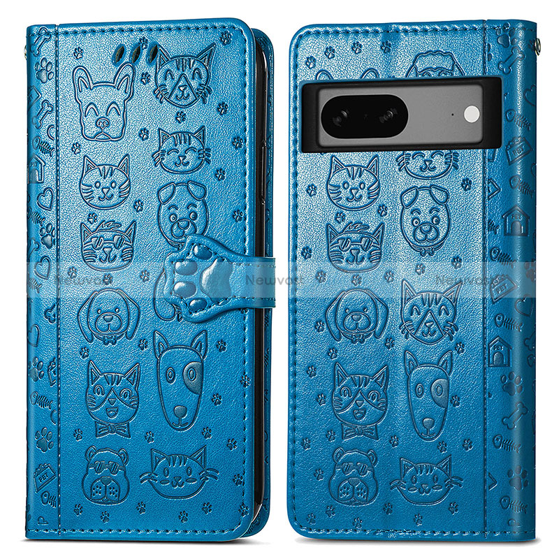 Leather Case Stands Fashionable Pattern Flip Cover Holder S03D for Google Pixel 7a 5G Blue