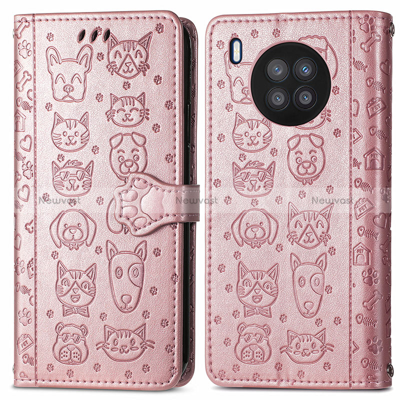 Leather Case Stands Fashionable Pattern Flip Cover Holder S03D for Huawei Honor 50 Lite Rose Gold