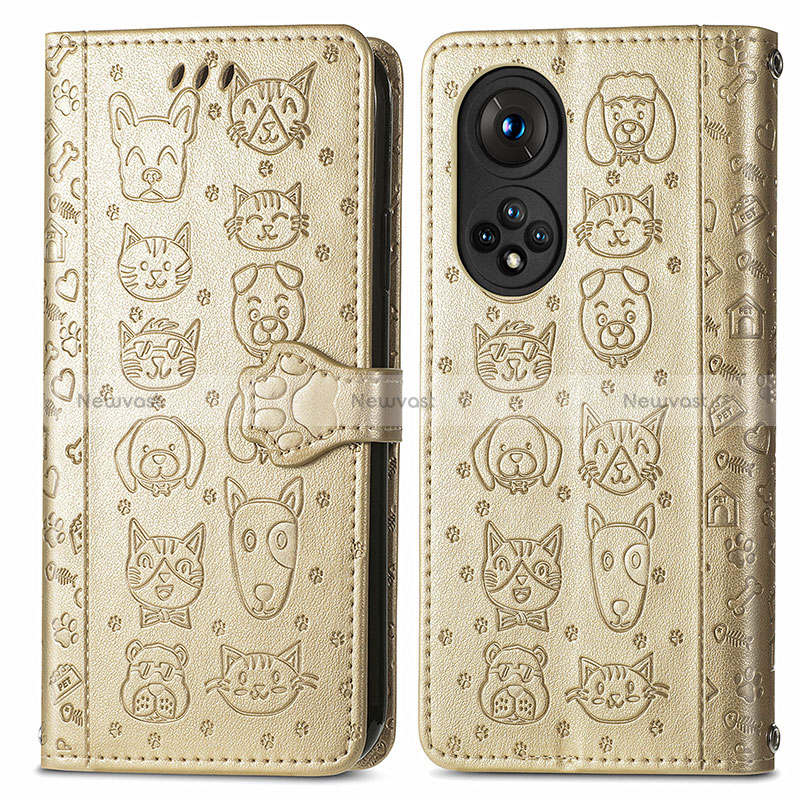 Leather Case Stands Fashionable Pattern Flip Cover Holder S03D for Huawei Honor 50 Pro 5G Gold