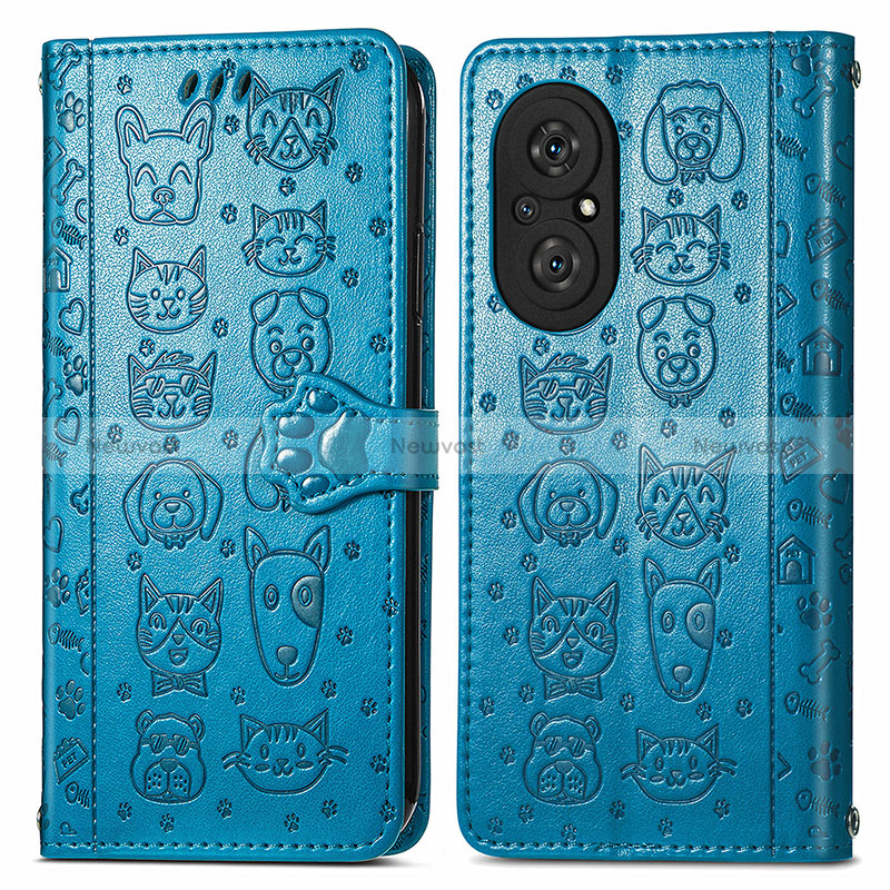 Leather Case Stands Fashionable Pattern Flip Cover Holder S03D for Huawei Honor 50 SE 5G Blue