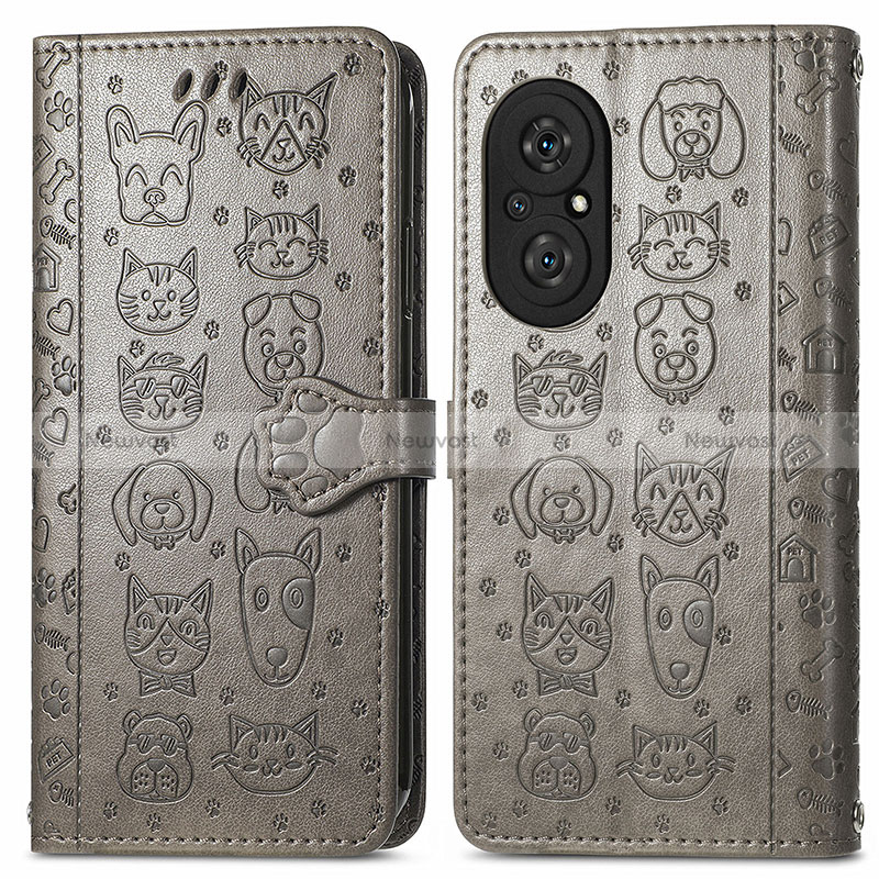 Leather Case Stands Fashionable Pattern Flip Cover Holder S03D for Huawei Honor 50 SE 5G Gray