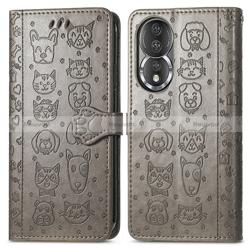 Leather Case Stands Fashionable Pattern Flip Cover Holder S03D for Huawei Honor 80 5G Gray