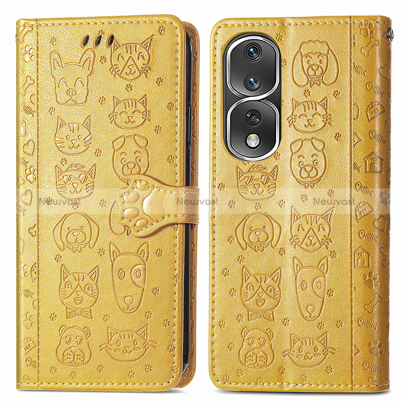 Leather Case Stands Fashionable Pattern Flip Cover Holder S03D for Huawei Honor 80 Pro Flat 5G Yellow