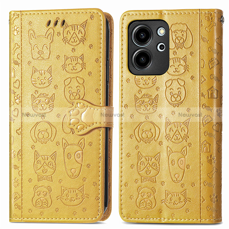 Leather Case Stands Fashionable Pattern Flip Cover Holder S03D for Huawei Honor 80 SE 5G Yellow