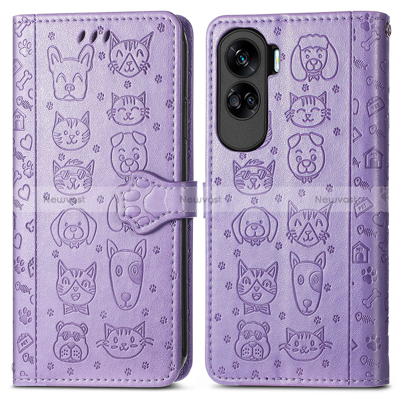 Leather Case Stands Fashionable Pattern Flip Cover Holder S03D for Huawei Honor 90 Lite 5G Purple