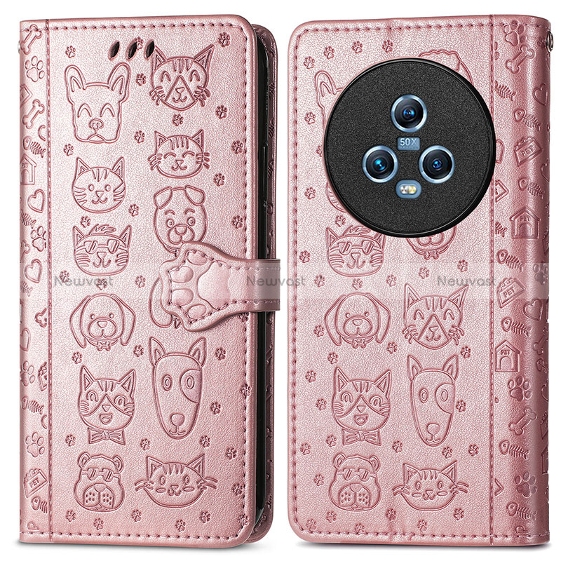 Leather Case Stands Fashionable Pattern Flip Cover Holder S03D for Huawei Honor Magic5 5G Rose Gold