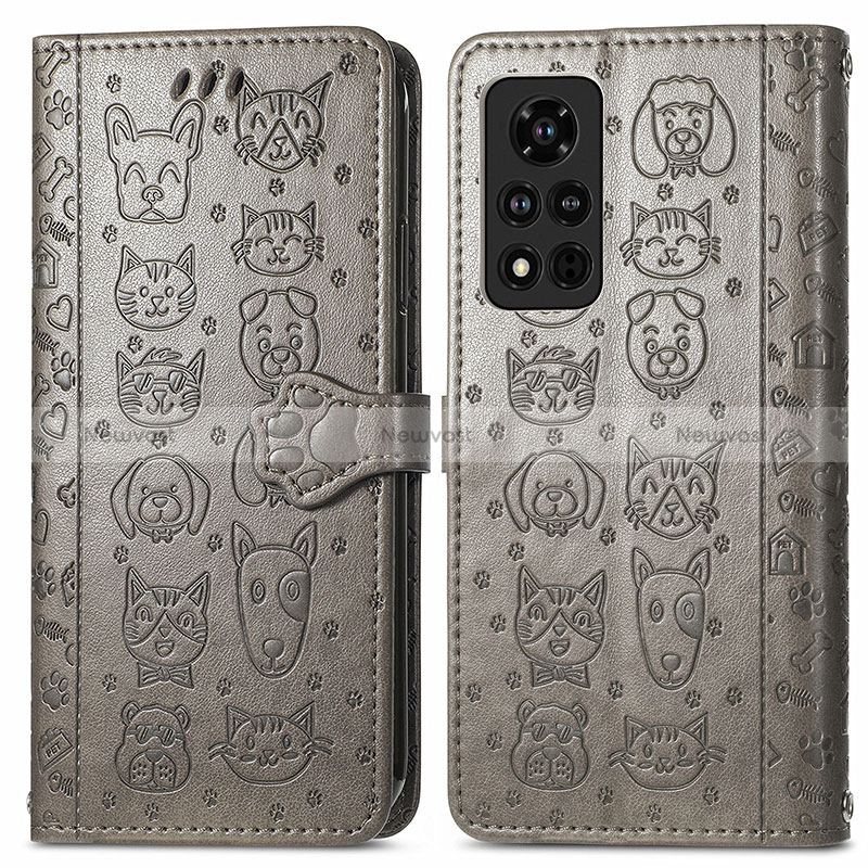 Leather Case Stands Fashionable Pattern Flip Cover Holder S03D for Huawei Honor V40 5G Gray