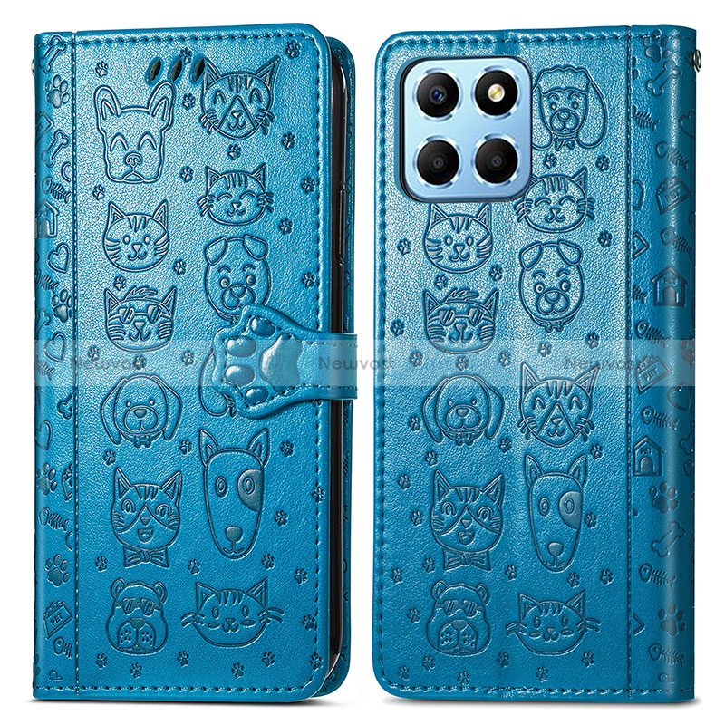 Leather Case Stands Fashionable Pattern Flip Cover Holder S03D for Huawei Honor X8 5G Blue