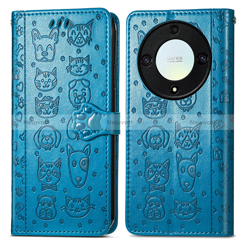 Leather Case Stands Fashionable Pattern Flip Cover Holder S03D for Huawei Honor X9a 5G Blue