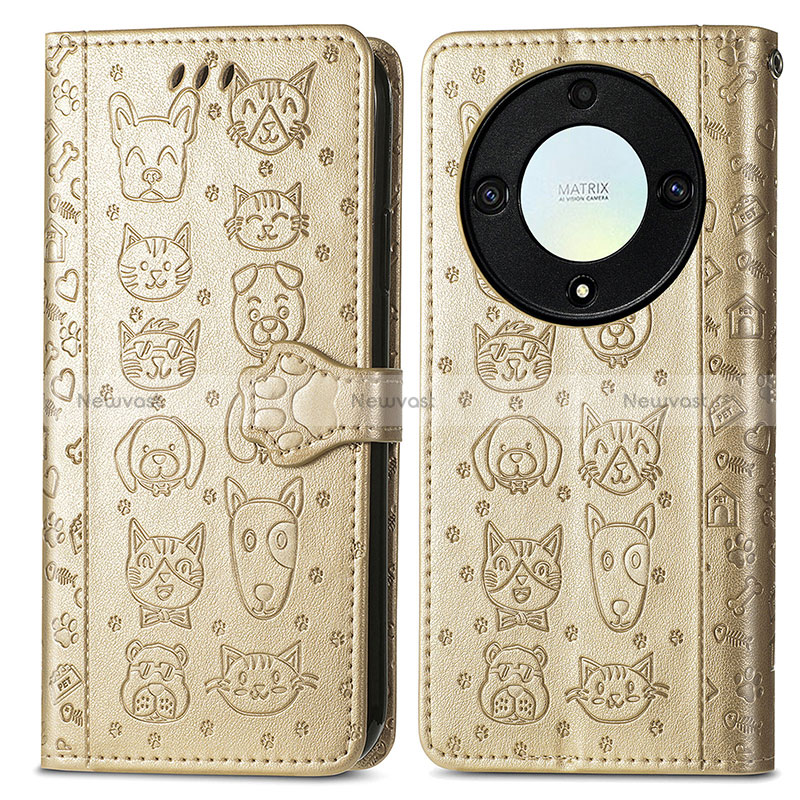 Leather Case Stands Fashionable Pattern Flip Cover Holder S03D for Huawei Honor X9a 5G Gold