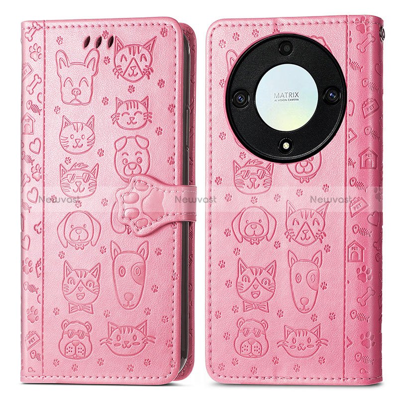 Leather Case Stands Fashionable Pattern Flip Cover Holder S03D for Huawei Honor X9a 5G Pink