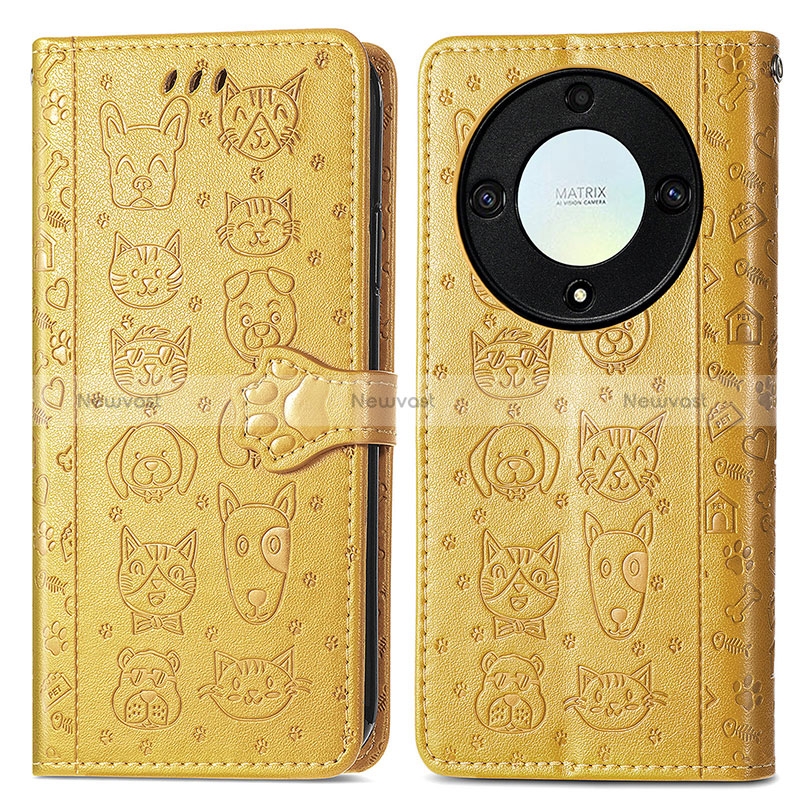Leather Case Stands Fashionable Pattern Flip Cover Holder S03D for Huawei Honor X9a 5G Yellow