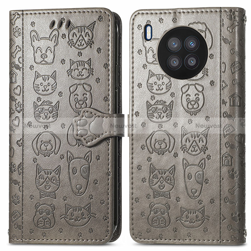 Leather Case Stands Fashionable Pattern Flip Cover Holder S03D for Huawei Nova 8i Gray
