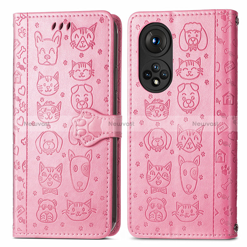 Leather Case Stands Fashionable Pattern Flip Cover Holder S03D for Huawei Nova 9 Pro Pink